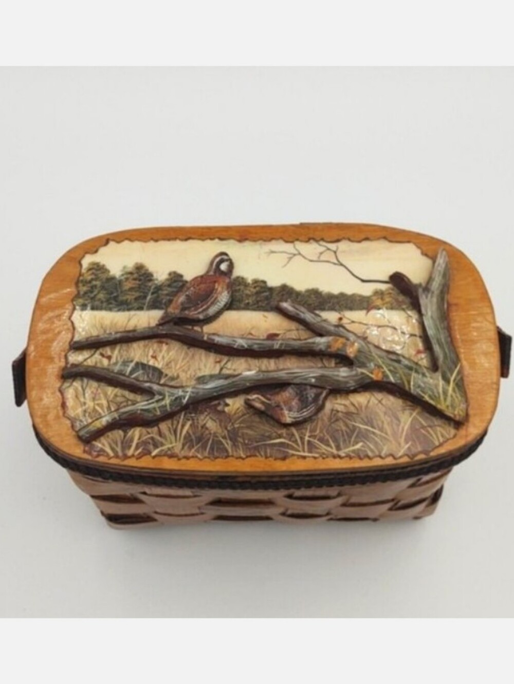 Vintage Basketville VT Wood Basket Purse Lined Mirror Hand Painted Quail 70s